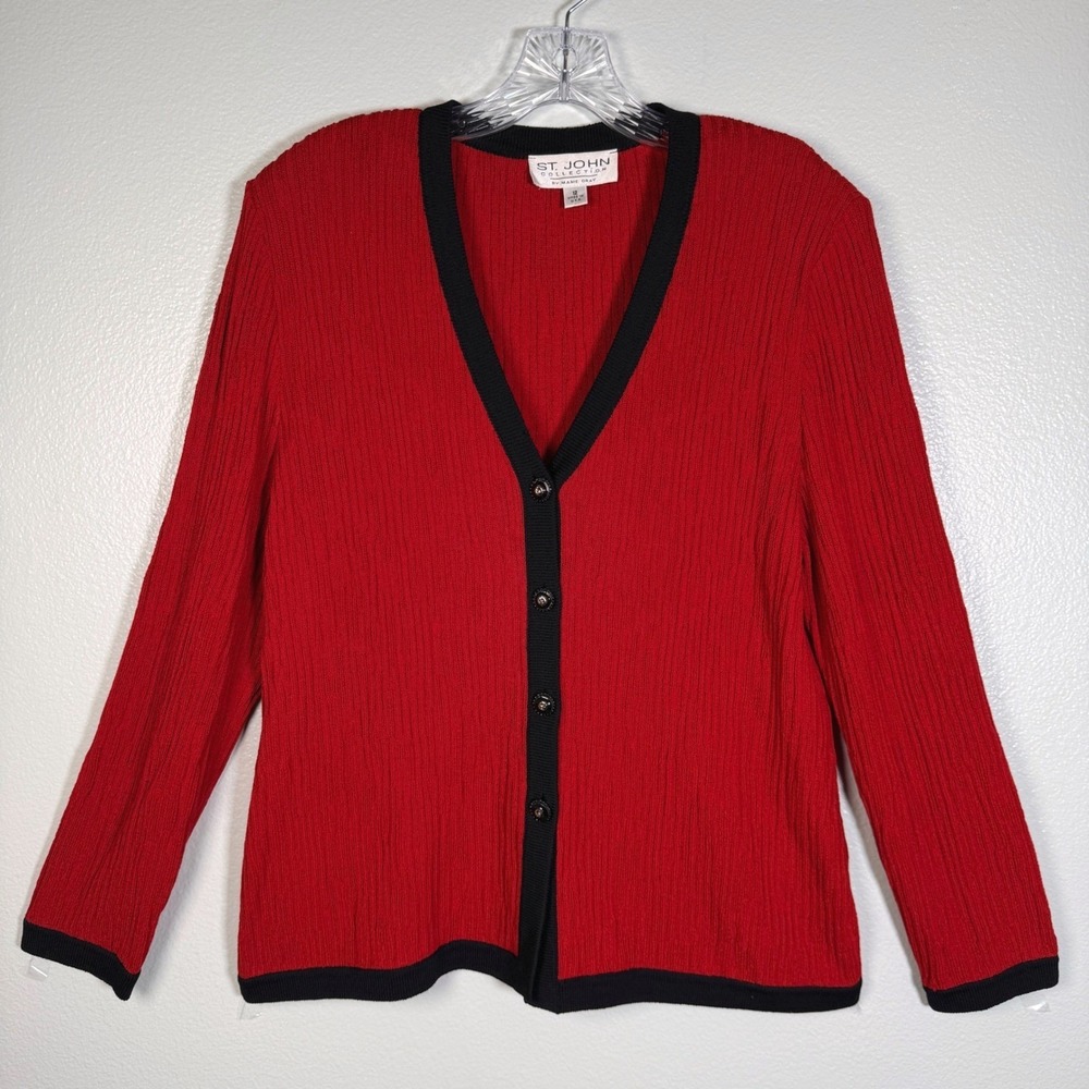Vintage St. John Collection Marie Gray Red Santana Knit Cardigan Size 12